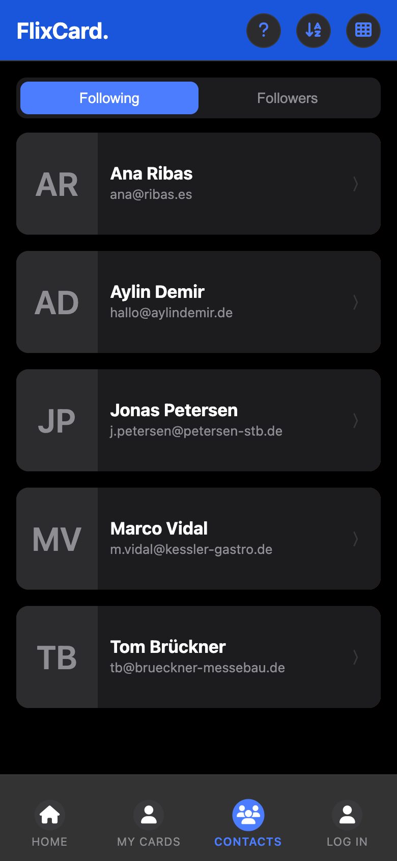 Contacts in the app: cards Lena follows