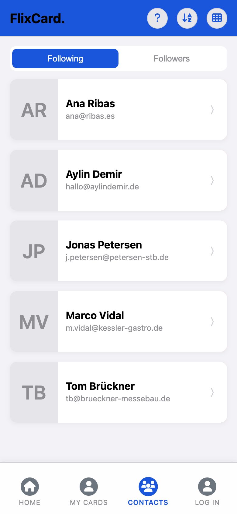 Contacts in the app: cards Lena follows