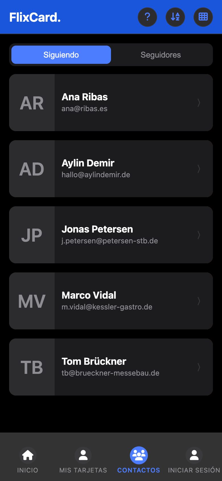 Contactos en la app: tarjetas que sigue Lena