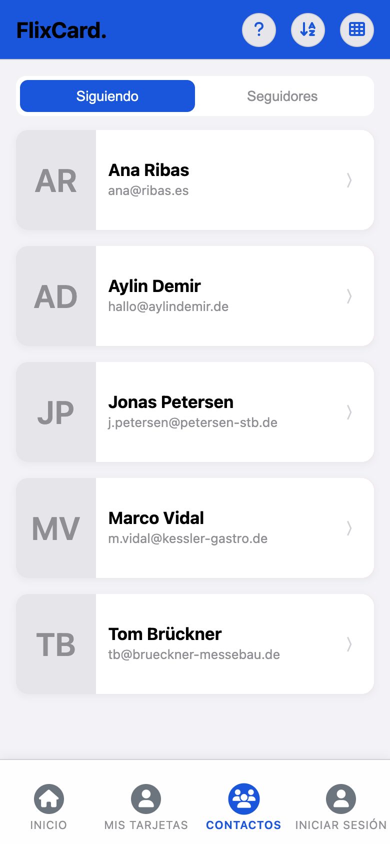 Contactos en la app: tarjetas que sigue Lena