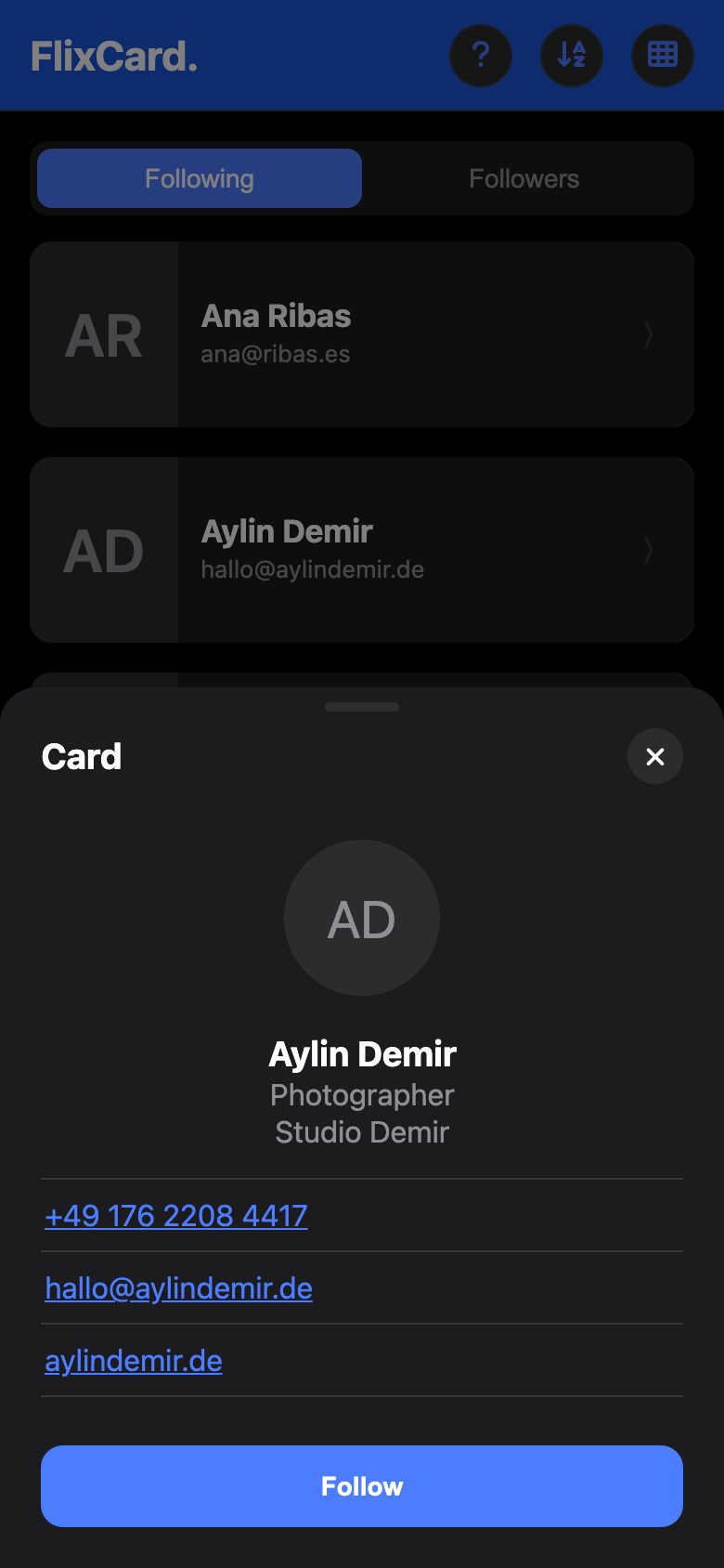 A card in the app after tapping, with a Follow button