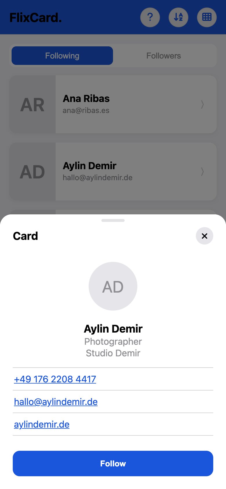 A card in the app after tapping, with a Follow button