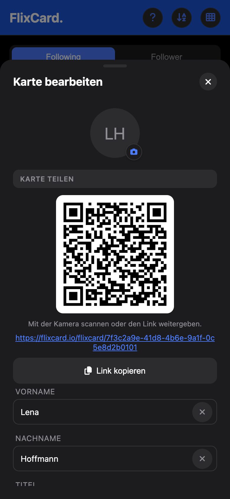 FlixCard zeigt QR-Code und Link einer Karte