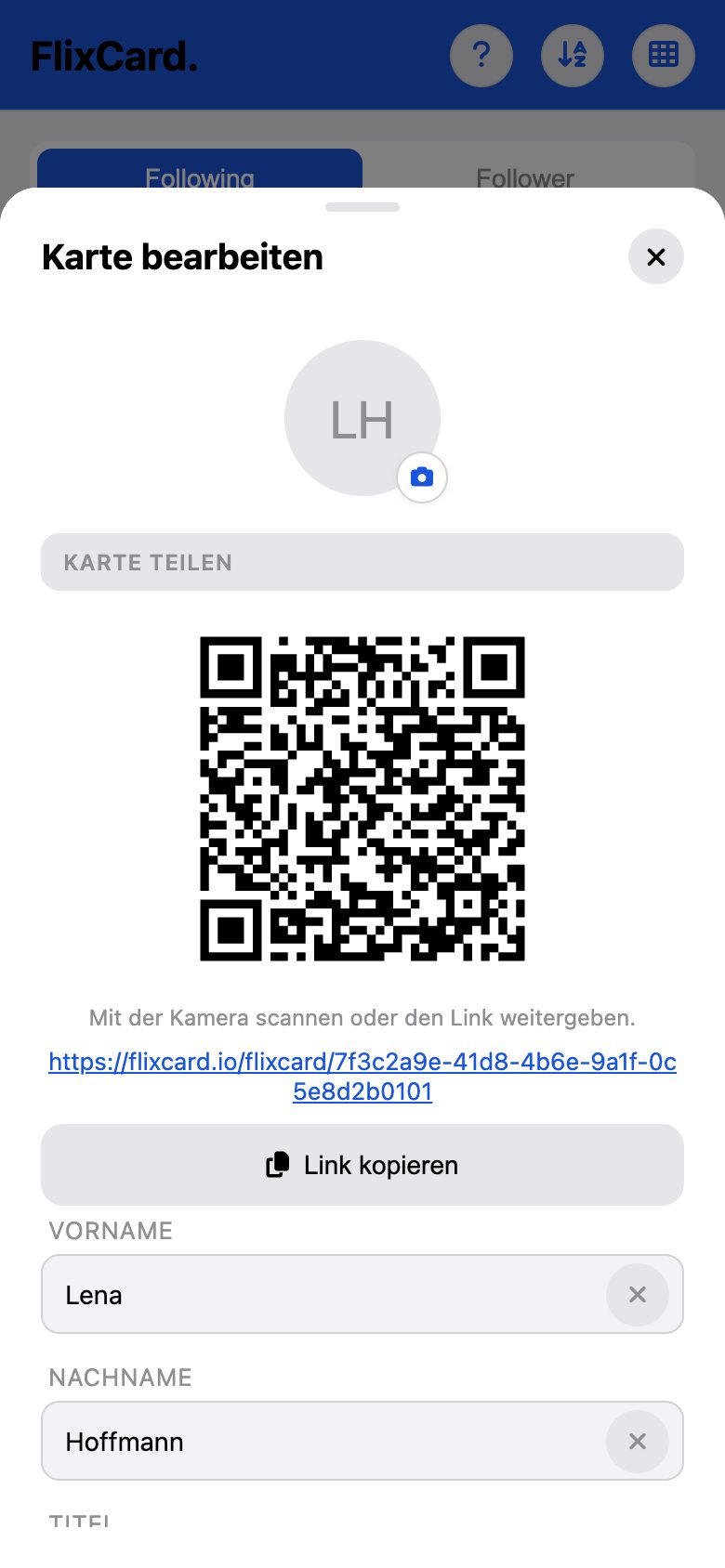 FlixCard zeigt QR-Code und Link einer Karte