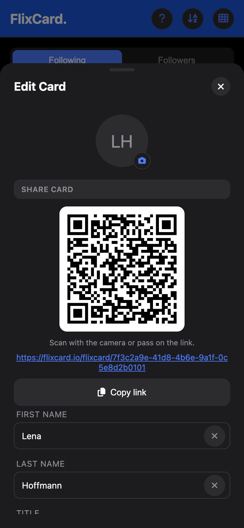 FlixCard showing the QR code and link of a card