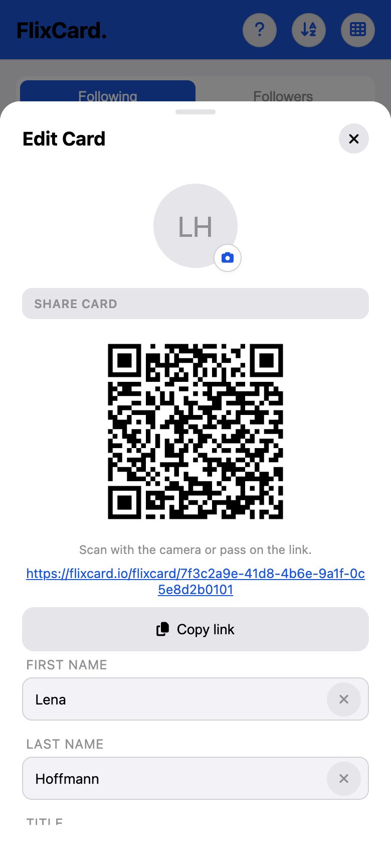 FlixCard showing the QR code and link of a card