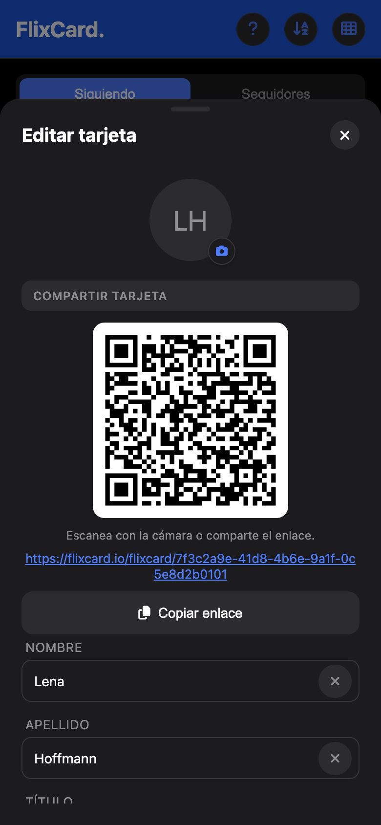 FlixCard muestra el código QR y el enlace de una tarjeta