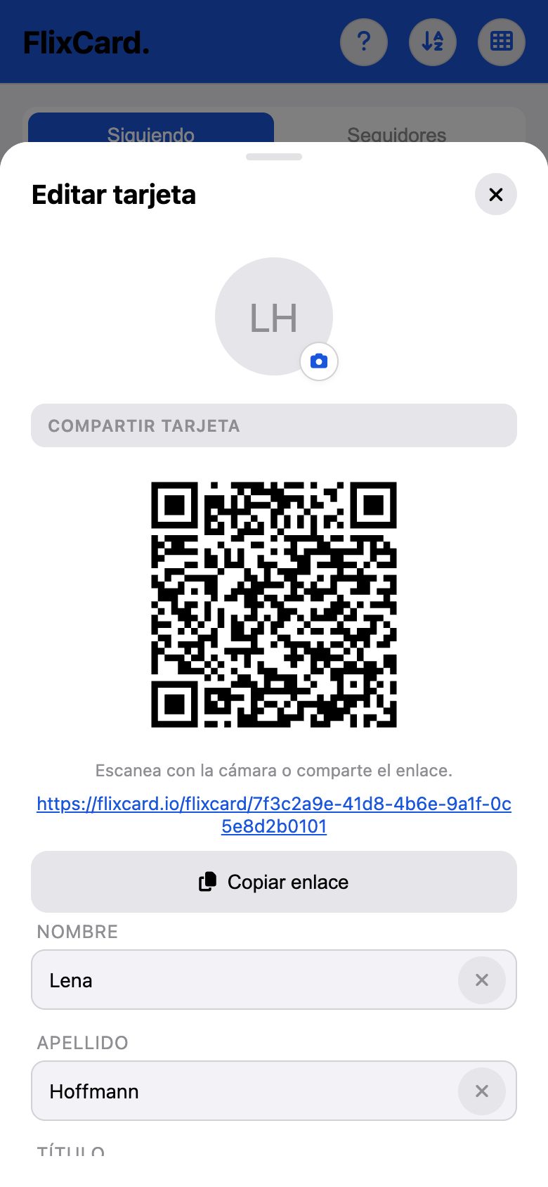 FlixCard muestra el código QR y el enlace de una tarjeta